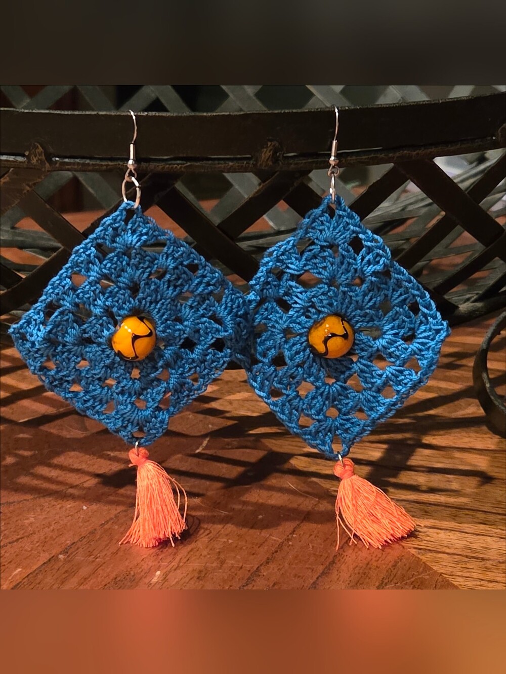 Hand Crafted Blue Crochet Diamond Earrings with Orange Tassel - Picture 1 of 3